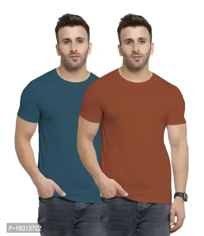 YouthPoi Men's Cotton Round Neck Half Sleeve Casual Regular Fit Tshirt (M, Peacock Green  Rust) (Pack of 2)-thumb0