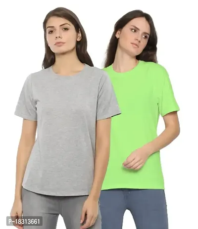 YouthPoi Women's Cotton Round Neck Half Sleeve Casual Regular Fit Tshirt (L, Grey  Neon Green) (Pack of 2)