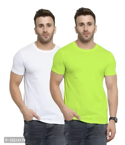 YouthPoi Men's Cotton Round Neck Half Sleeve Casual Regular Fit Tshirt (L, White  Neon) (Pack of 2)-thumb0