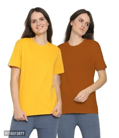 YouthPoi Women's Cotton Round Neck Half Sleeve Casual Regular Fit Tshirt (S, Yellow  Rust Brown) (Pack of 2)