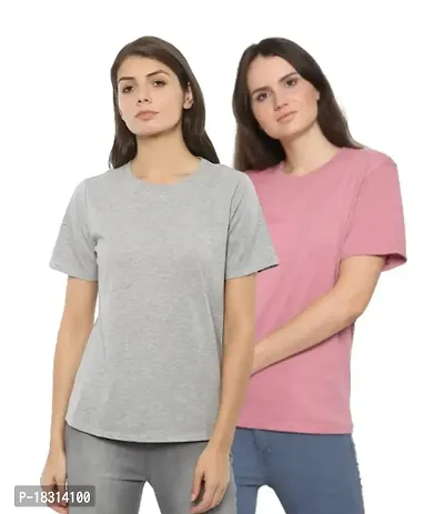 YouthPoi Women's Cotton Round Neck Half Sleeve Casual Regular Fit Tshirt (L, Grey  Pink) (Pack of 2)