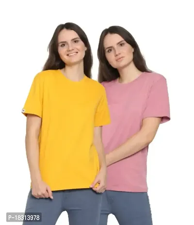 YouthPoi Women's Cotton Round Neck Half Sleeve Casual Regular Fit Tshirt (L, Yellow  Pink) (Pack of 2)