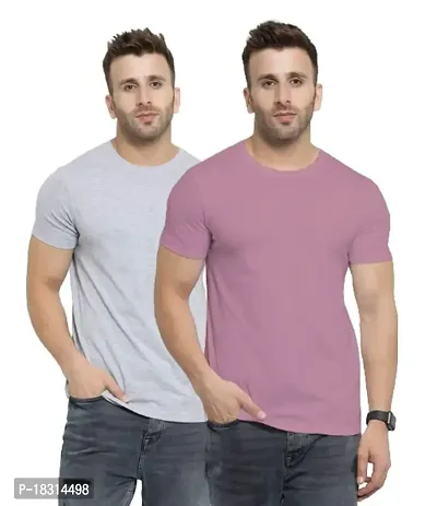 YouthPoi Men's Cotton Round Neck Half Sleeve Casual Regular Fit Tshirt (L, Gray  Pink) (Pack of 2)-thumb0