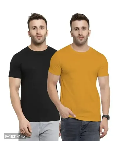 YouthPoi Men's Cotton Round Neck Half Sleeve Casual Regular Fit Tshirt (XL, Black  Yellow) (Pack of 2)-thumb0