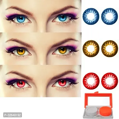 3 Pair Monthly Colored Contact Lenses Zero Power with Lens Travel Kit (Aqua, Honey, Red)