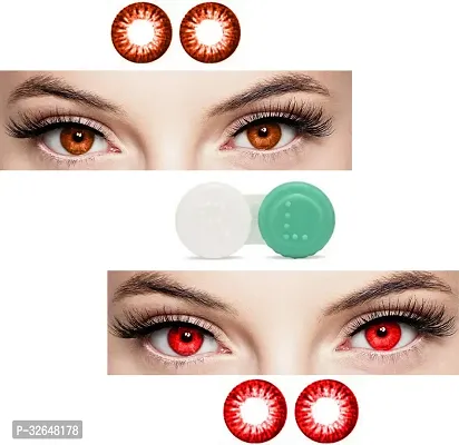 2 Pair Brown-Red Monthly Colored 0 Power Contact Lenses for Eyes Men and Women with 1 Contact Lens Case Box