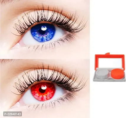 2 Pair Monthly Colored Contact Lenses Zero Power With 1 Lens Travel Kit (Blue-Red)