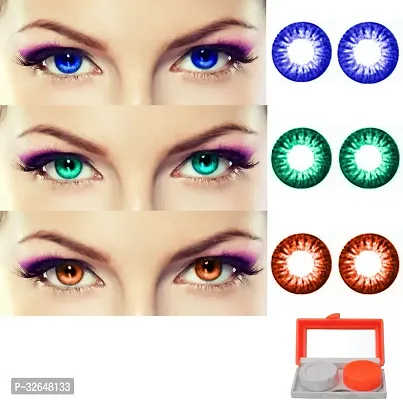 3 Pair Monthly Colored Contact Lenses Zero Power with Lens Travel Kit (Blue, Sea Blue, Brown)