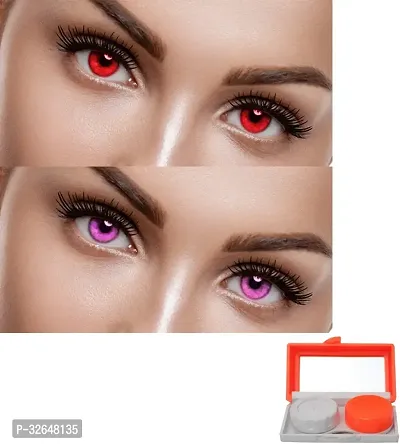 2 Pair Red, Violet Monthly Colored 0 Power Contact Lenses for Men and Women Eyes with 1 Lens Container Travel Kit