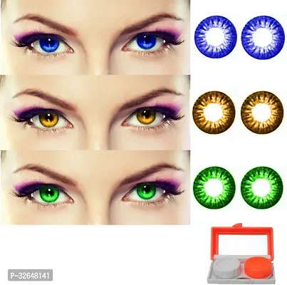 3 Pair Monthly Colored Contact Lenses Zero Power with Lens Travel Kit (Blue, Honey, Green)