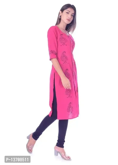 MUMAL Women's Cotton Blend Kurti Block Print Straight ||for Office, College Wear|| 3/4 Sleeve (Pink)-thumb3