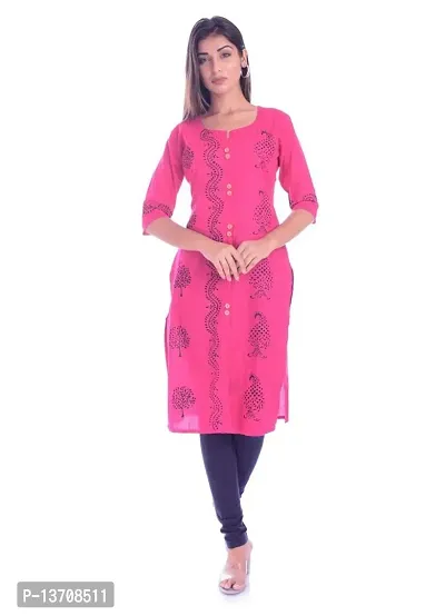 MUMAL Women's Cotton Blend Kurti Block Print Straight ||for Office, College Wear|| 3/4 Sleeve (Pink)-thumb0