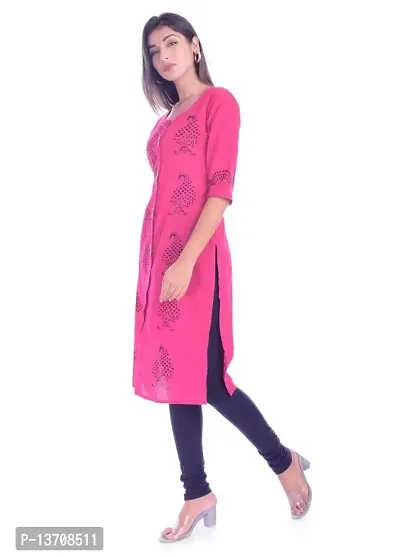 MUMAL Women's Cotton Blend Kurti Block Print Straight ||for Office, College Wear|| 3/4 Sleeve (Pink)-thumb2