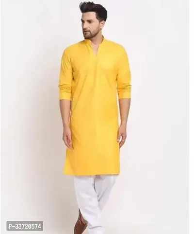 Stylish Yellow Cotton Blend Kurta With Bottom Sets For Men-thumb0