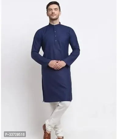 Stylish Navy Blue Cotton Blend Kurta With Bottom Sets For Men-thumb0