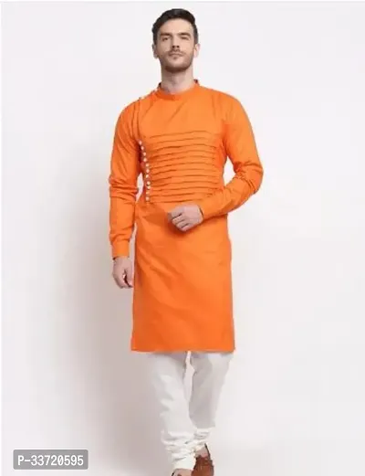 Stylish Orange Cotton Blend Kurta With Bottom Sets For Men-thumb0