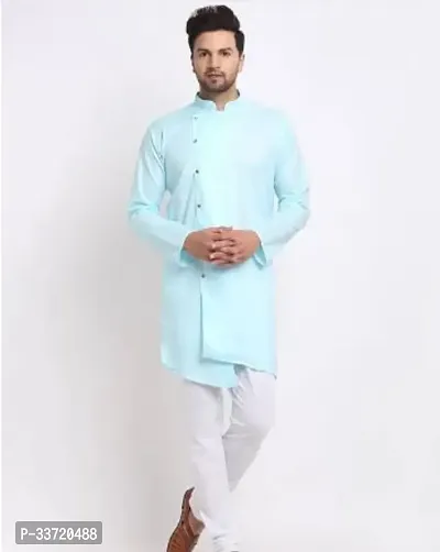 Stylish Sky Blue Cotton Blend Kurta With Bottom Sets For Men-thumb0