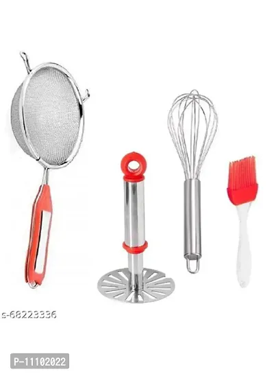 Combo of Stainless Steel Premium Quality Soup Strainer  Potato Pav Bhaji Small Masher and Egg Beater Whisk and Silicon Mini Oil Brush(Pack of 4 Pcs)