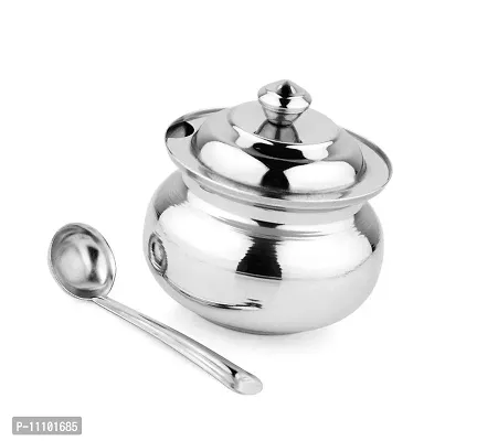 Stainless Steel Ghee Pot with Lid and Spoon(Set of 1 Pcs)