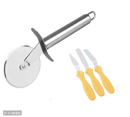 Combo of Stainless Steel Wheel Pizza Cutter with 3 Pieces Baking Knife Set for Icing Frosting Spatula Cake Knives(Set Of 2 Pcs)