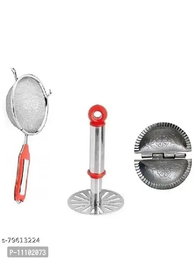 Kitchen Combo of Stainless Steel Potato Vegetable Pav Bhaji Small Masher With SS Soup Strainer And Aluminuim Gujiya Mould Maker(Pack of 3 Pcs)