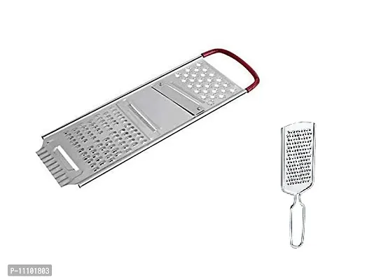 Heavy Stainless Steel Potato Chipser Slicer and Grater Red Handle with Stainless Steel Cheese Grater(Pack of 2 Pcs)-thumb0