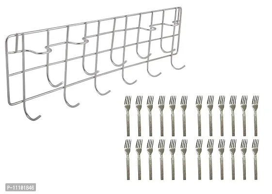 Combo of 11 Hooks Stainless Steel Multi-Level Laddle Hooks Rail for Kitchen with Stainless Steel 24 Pcs Fork(Set of 2 Pcs)