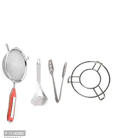 Combo of Stainless Steel Soup Juice Strainer  Pav Bhaji Big Masher Momos Tong and SS Cooker Pot Stand(Pack of 4 Pcs)