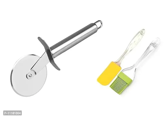 Combo of Stainless Steel Wheel Pizza Cutter with Silicon Mini Spatula  Oil Brush Set(Set of 2 Pcs)