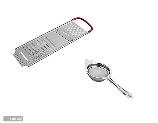 Heavy Stainless Steel Potato Chipser Slicer and Grater Red Handle with Stainless Steel Tea Strainer(Pack of 2 Pcs)