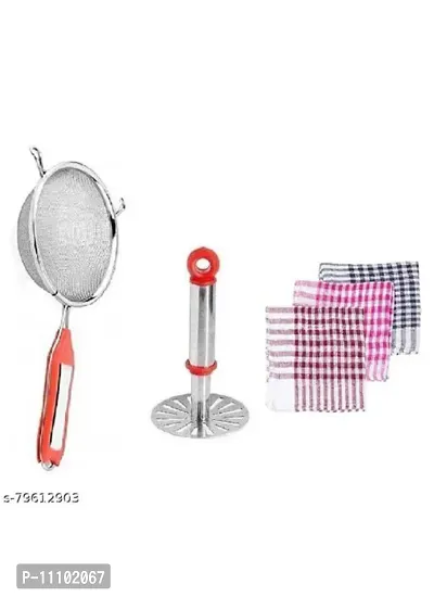 Kitchen Combo of Stainless Steel Potato Vegetable Pav Bhaji Small Masher With SS Soup Strainer And 6 Pcs Kitchen Clothes(Pack of 3 Pcs)
