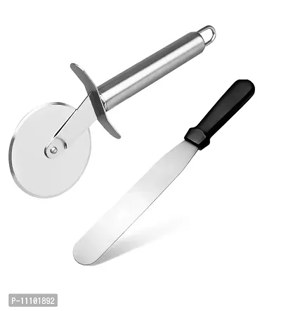 Combo of Stainless Steel Wheel Pizza Cutter with Stainless Steel Cake Pallet Knife Spatula for Spreading Smoothing of Icing Bakeware Tool(Pack of 2 Pcs)