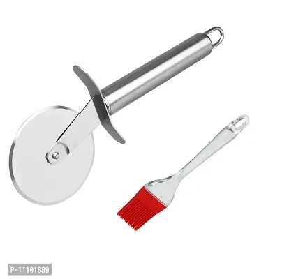 Combo of Stainless Steel Wheel Pizza Cutter with Silicon Big Oil Brush Only(Pack of 2 Pcs)