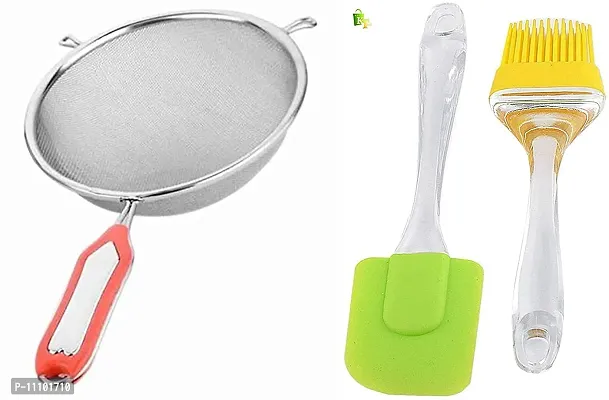 Combo of Big Spatula and Oil Brush Set with Stainless Steel Soup Juice Strainer