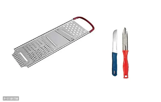 Heavy Stainless Steel Potato Chipser Slicer and Grater Red Handle with Stainless Steel Sharp Knife  Peeler(Pack of 3 Pcs)