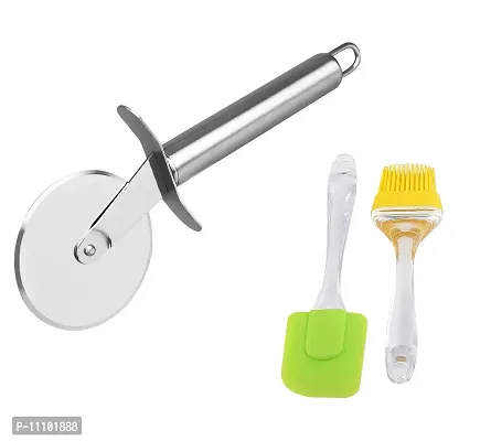 Combo of Stainless Steel Wheel Pizza Cutter with Silicon Big Spatula  Oil Brush Set(Pack of 2 Pcs)-thumb0