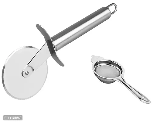Combo of Stainless Steel Wheel Pizza Cutter with Stainless Steel Tea Strainer(Pack of 2 Pcs)