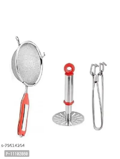 Combo of Stainless Steel Premium Quality Soup Strainer  Potato Pav Bhaji Small Masher and Wire Pakkad Tong(Pack of 3 Pcs)