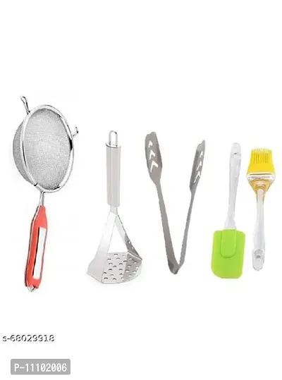 Combo of Stainless Steel Soup Juice Strainer  Pav Bhaji Big Masher Momos Tong and Silicon Big Spatula And Oil Brush Set(Pack of 4 Pcs)