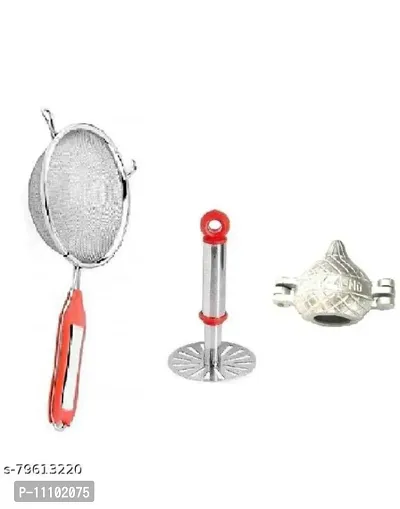 Kitchen Combo of Stainless Steel Potato Vegetable Pav Bhaji Small Masher With SS Soup Strainer And Aluminuim Modak Mould Maker(Pack of 3 Pcs)-thumb0