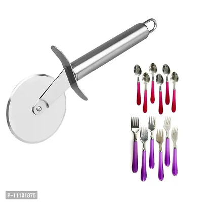 Combo of Stainless Steel Wheel Pizza Cutter with Stainless Steel Spoons  Forks with Plastic Handle(Set of 3 Pcs)