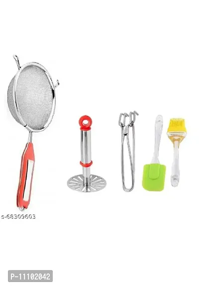 Combo of Stainless Steel Premium Quality Soup Strainer  SS Small Masher  Wire Pakkad Tong and Silicon Big Spatula and Oil Brush Set(Pack of 4 Pcs)