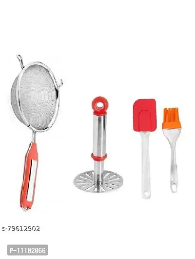Kitchen Combo of Stainless Steel Potato Vegetable Pav Bhaji Small Masher With SS Soup Strainer And Big Oil Brush Cum Spatula Set(Pack of 3 Pcs)