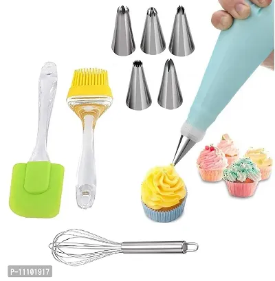 6 Pcs Cake Decorating Nozzle Tips Set with Piping Bag with Stainless Steel Egg Beater and Silicon Big Spatula  Oil Brush Set(Pack of 3 Pcs)-thumb0