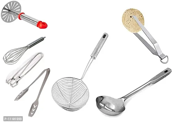 Combo of Stainless Steel Cooking Laddle Chimta Pakkad Momos Tong Deep fry Strainer Potato Masher  Egg Beater(Set of 7 Pcs)-thumb0