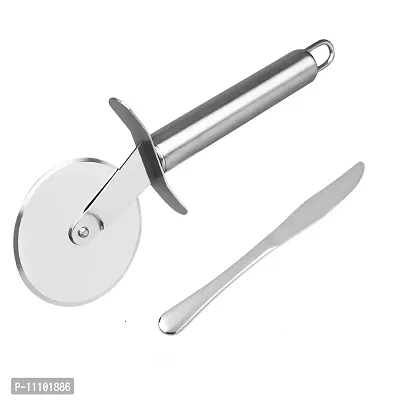 Combo of Stainless Steel Wheel Pizza Cutter with Stainless Steel Dinner Butter Knives with Pearled Edge(Set of 2 )