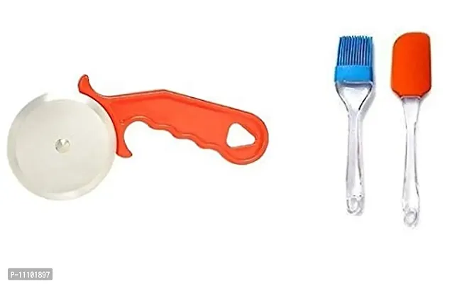 Plastic Handle Pizza Cutter and Silicon Mini Spatula  Oil Brush Set(Pack of 2 Pcs)-thumb0