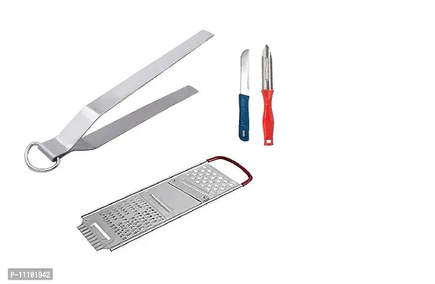 Stainless Steel Roti Chimta with Stainless Steel Multi-Chipser Red Handle and Knife Peeler(Pack of 4 Pcs)-thumb0