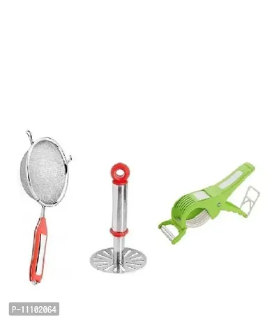 Kitchen Combo of Stainless Steel Potato Vegetable Pav Bhaji Small Masher With SS Soup Strainer And 2 in 1 Multipurpose Vegetable Cutter Cum Peeler(Pack of 3 Pcs)