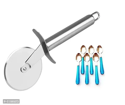 Combo of Stainless Steel Wheel Pizza Cutter with Stainless Steel 6Pcs Spoons with plastic Handle(Set of 2 Pcs)-thumb0